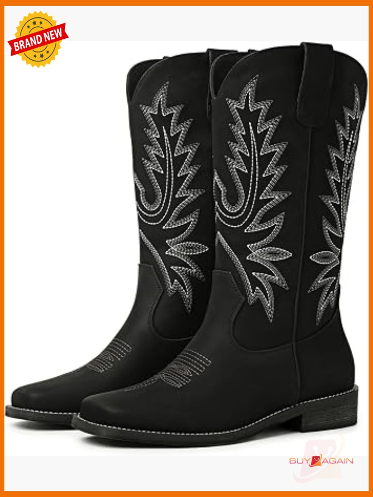 Mid Calf Square Toe Cowgirl Boots With Vintage Embroidery Low Chunky Heel